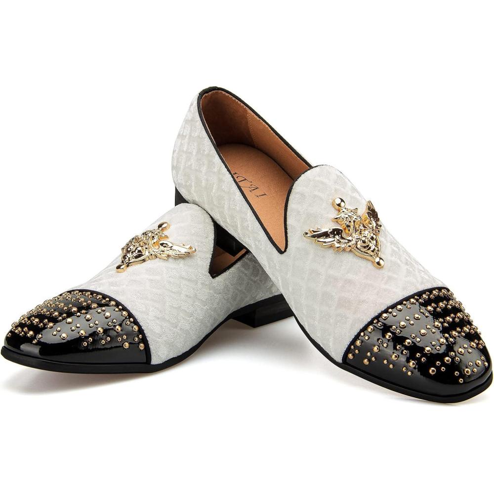 imageMen Genuine Leather Mens Metallic Textured Slipon Glitter Loafers ShoesWhite12