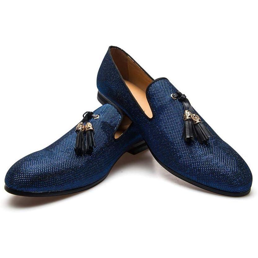 imageMens Vintage Velvet Embroidery Noble Loafer Shoes Slipon Loafer Smoking Slipper Tassel LoaferBlue10