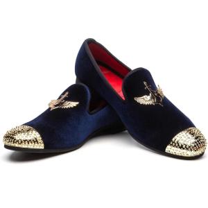 Men Genuine Leather Mens Metallic Textured Slip-on Glitter Loafers Shoes(Blue/02)