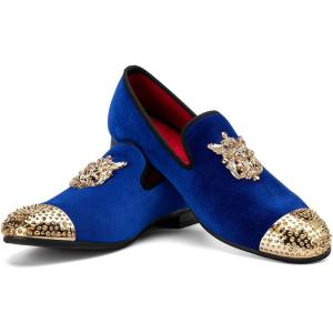 Men Genuine Leather Mens Metallic Textured Slip-on Glitter Loafers Shoes(Navy/01)