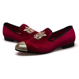 Men Genuine Leather Mens Metallic Textured Slip-on Glitter Loafers Shoes(Red/01)