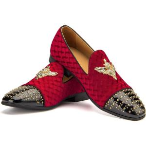 Men Genuine Leather Mens Metallic Textured Slip-on Glitter Loafers Shoes(Red/13)