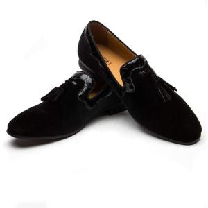 Men’s Vintage Velvet Embroidery Noble Loafer Shoes Slip-on Loafer Smoking Slipper Tassel Loafer(Black/05)