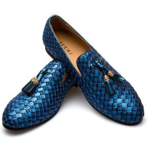 Men’s Vintage Velvet Embroidery Noble Loafer Shoes Slip-on Loafer Smoking Slipper Tassel Loafer(Blue/02)