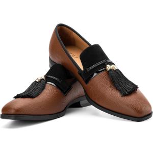 Men’s Vintage Velvet Embroidery Noble Loafer Shoes Slip-on Loafer Smoking Slipper Tassel Loafer(Brown/12)
