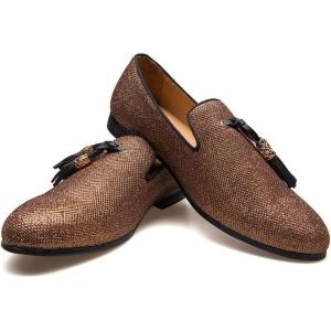 Men’s Vintage Velvet Embroidery Noble Loafer Shoes Slip-on Loafer Smoking Slipper Tassel Loafer(Gold/11)