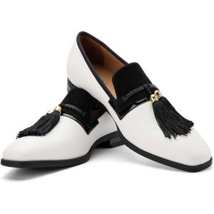 Men’s Vintage Velvet Embroidery Noble Loafer Shoes Slip-on Loafer Smoking Slipper Tassel Loafer(White/12)
