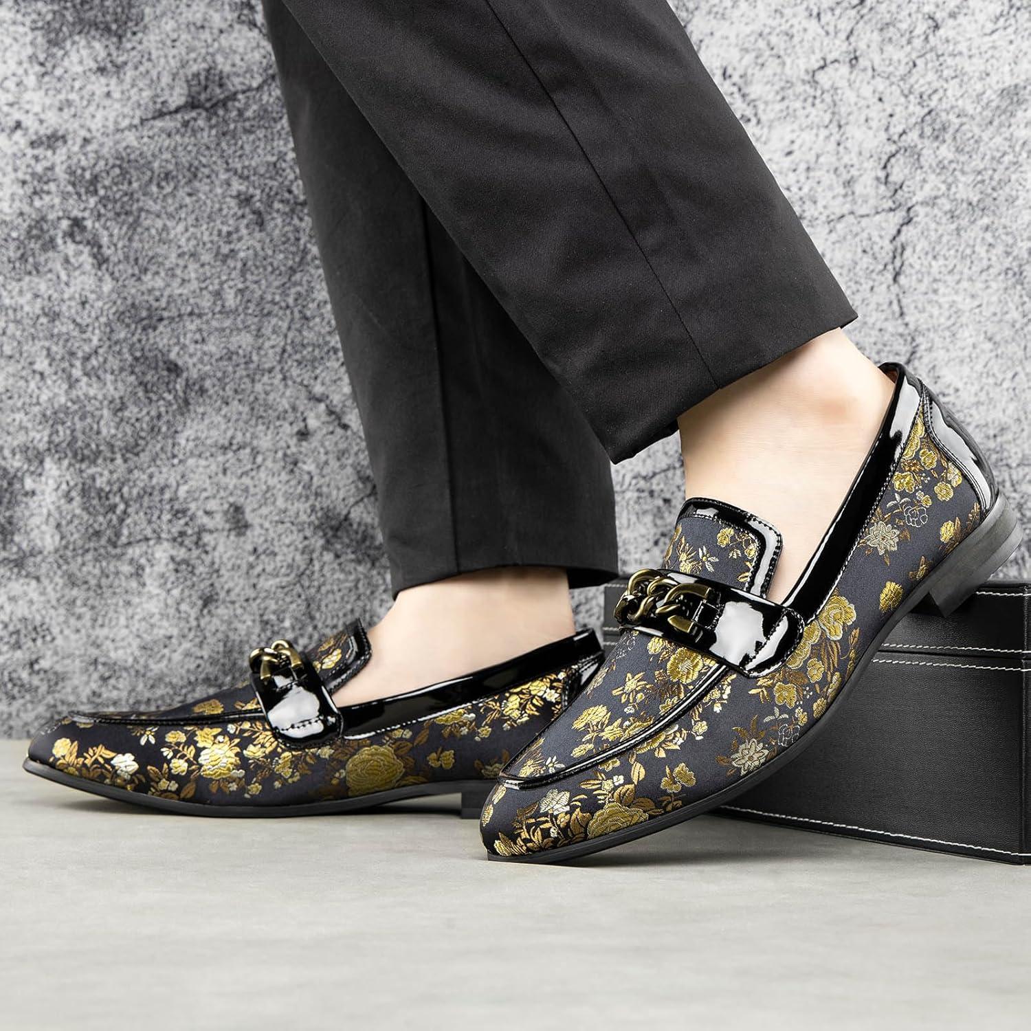 imageJITAI Mens Leather Shoes Pattern Printing Mens Dress Loafer Shoes Slipon Casual Loafer Smoking SlipperGold10