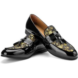 JITAI Mens Leather Shoes Pattern Printing Men’s Dress Loafer Shoes Slip-on Casual Loafer Smoking Slipper(Gold/12)