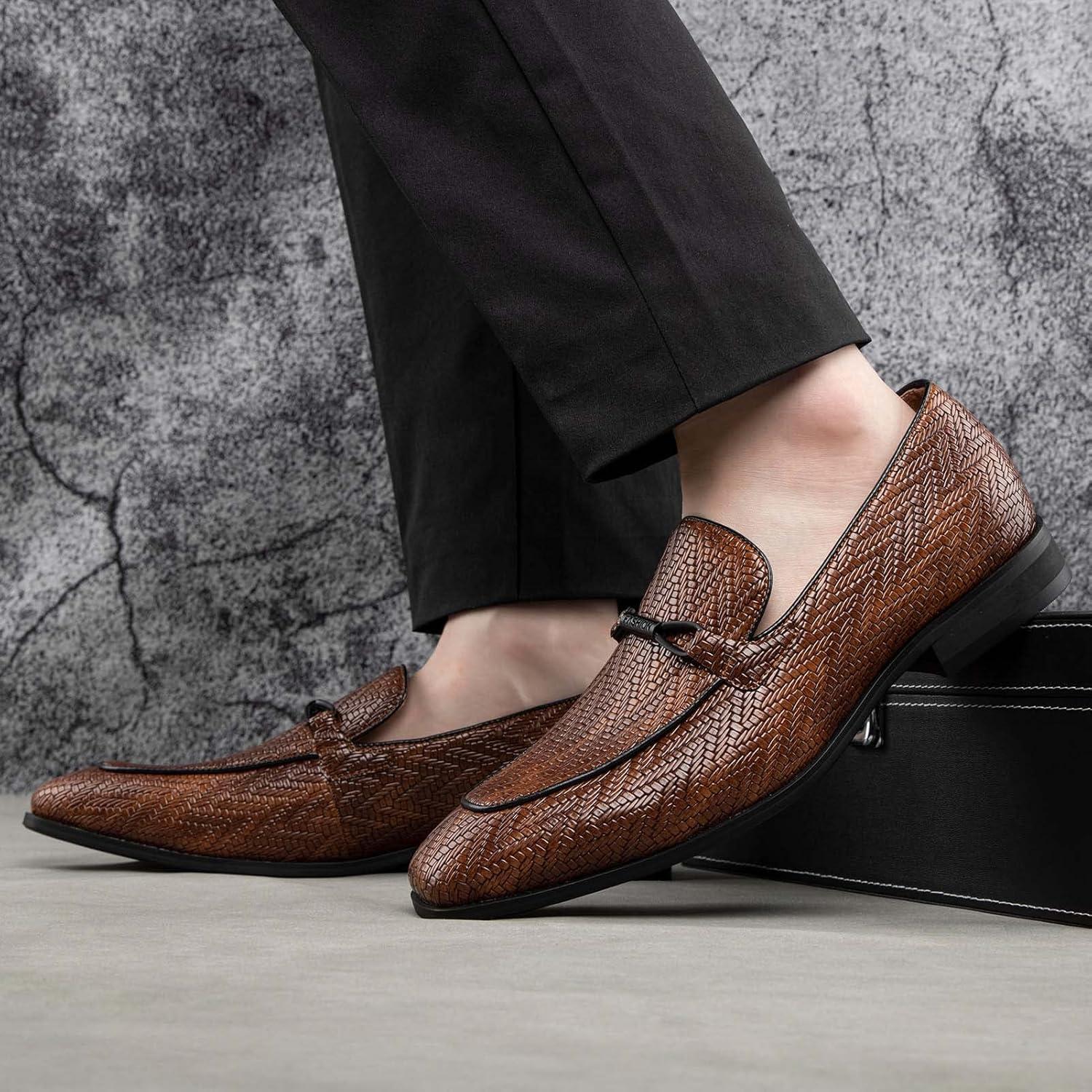 imageJITAI Mens Shoes Casual Leather and Suede Penny Loafers for Men Comfortable LowHeels SlipOn Dress Shoes for Wedding Business and Formal Events in Black or BrownBrown02