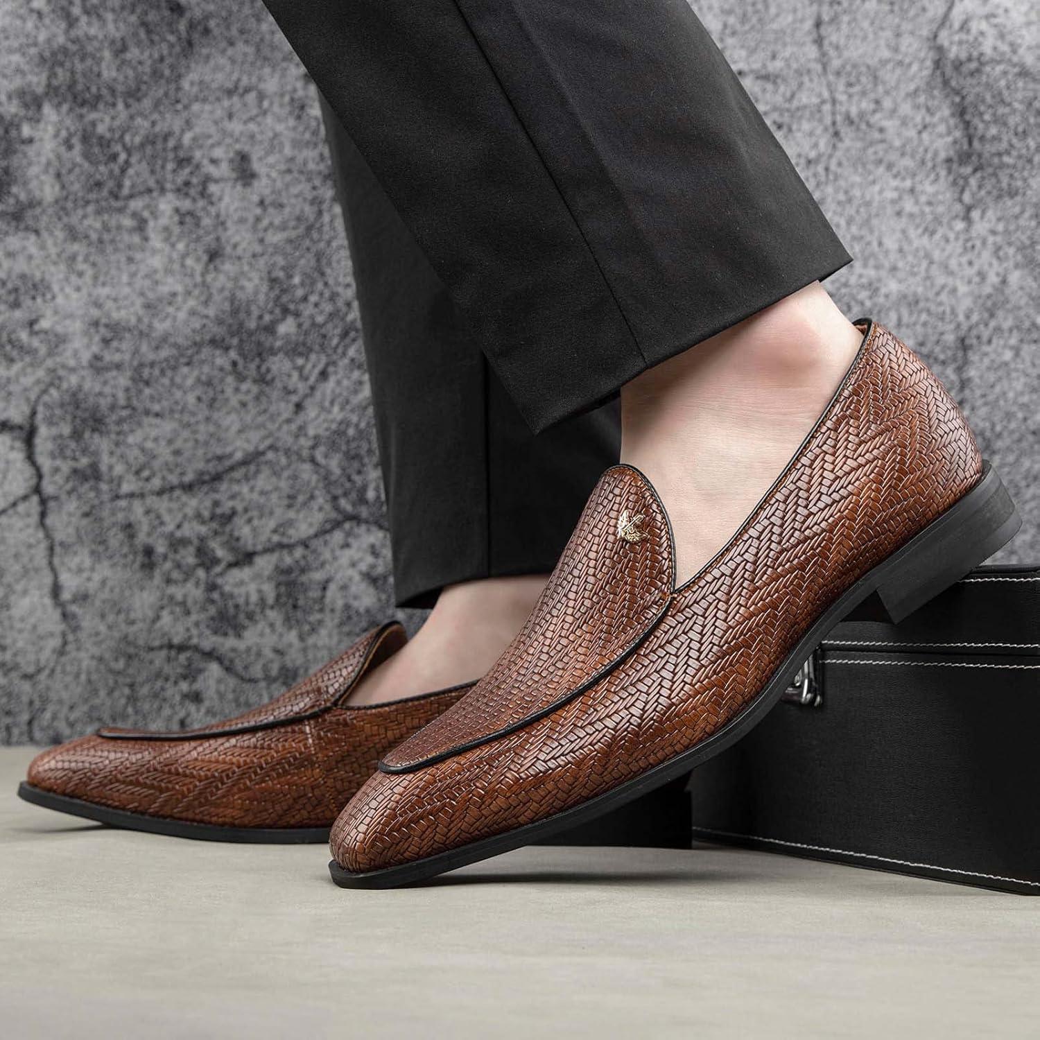 imageJITAI Mens Shoes Casual Leather and Suede Penny Loafers for Men Comfortable LowHeels SlipOn Dress Shoes for Wedding Business and Formal Events in Black or BrownBrown01